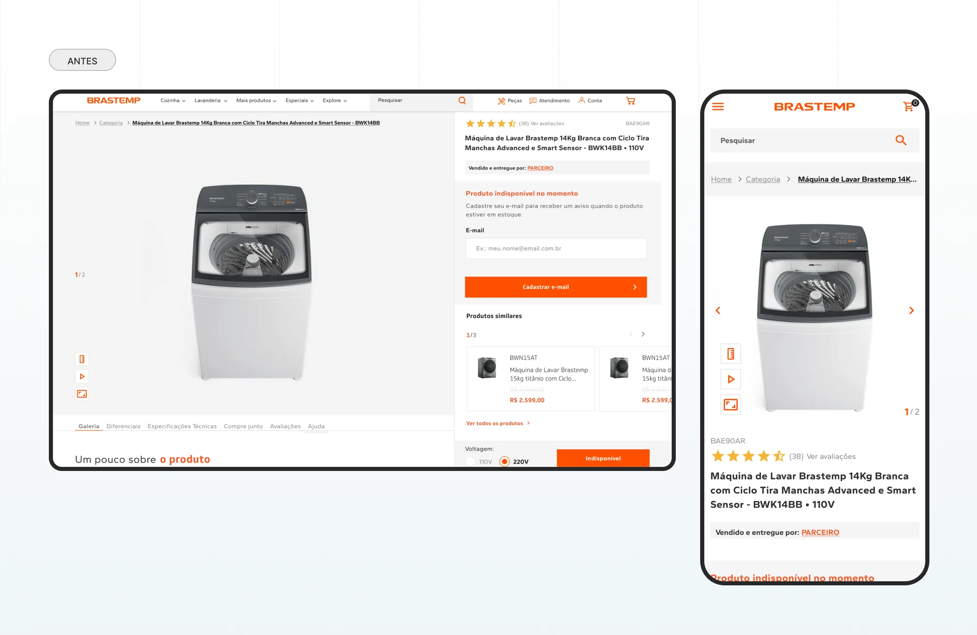 Página de produto da Brastemp em desktop e mobile no estado anterior, com o campo de avise-me antes da vitrine de similares