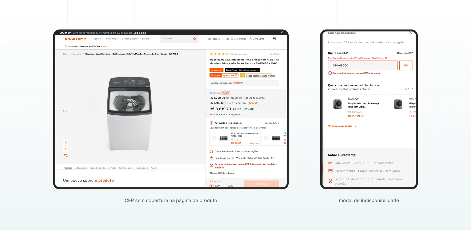 Página de produto da Brastemp com CEP sem cobertura e o detalhe da modal de indisponibilidade