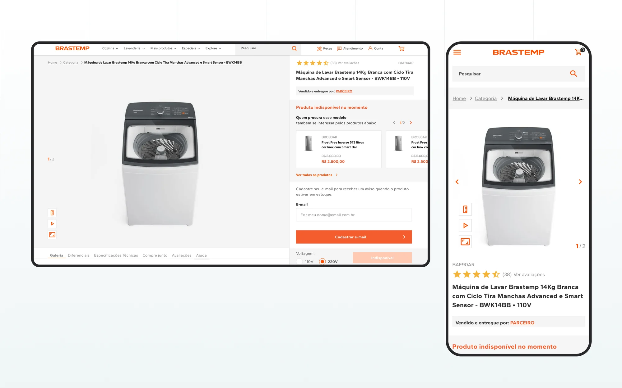 Página de produto da Brastemp em desktop e mobile com a vitrine de produtos substitutos acima do campo de avise-me