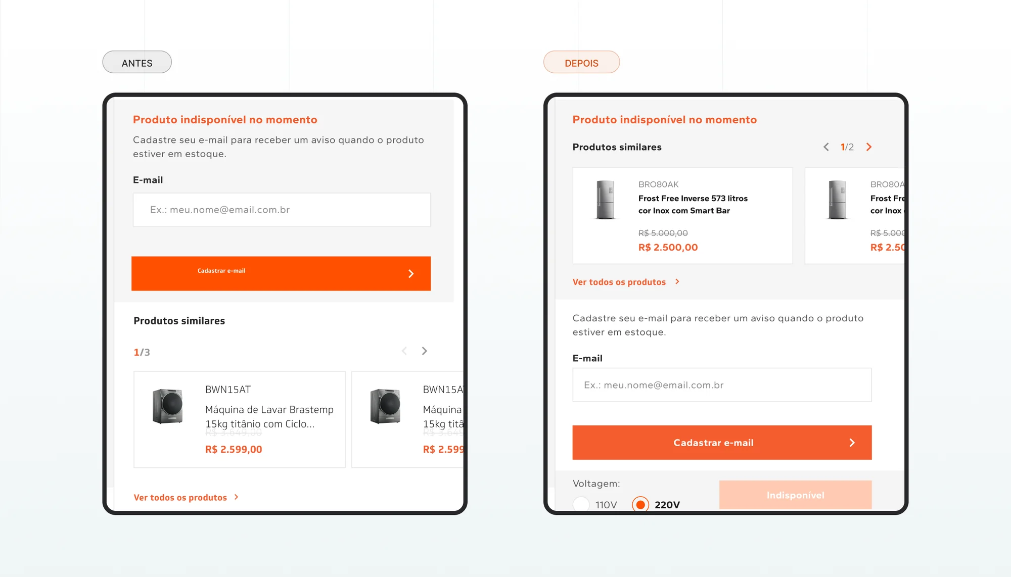 Comparativo antes e depois do módulo de indisponibilidade: no antes o avise-me vem primeiro, no depois a vitrine de similares vem primeiro