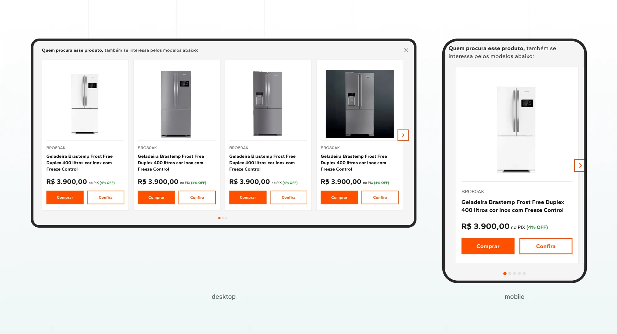 Vitrine de produtos substitutos no carrinho da Brastemp em desktop e mobile