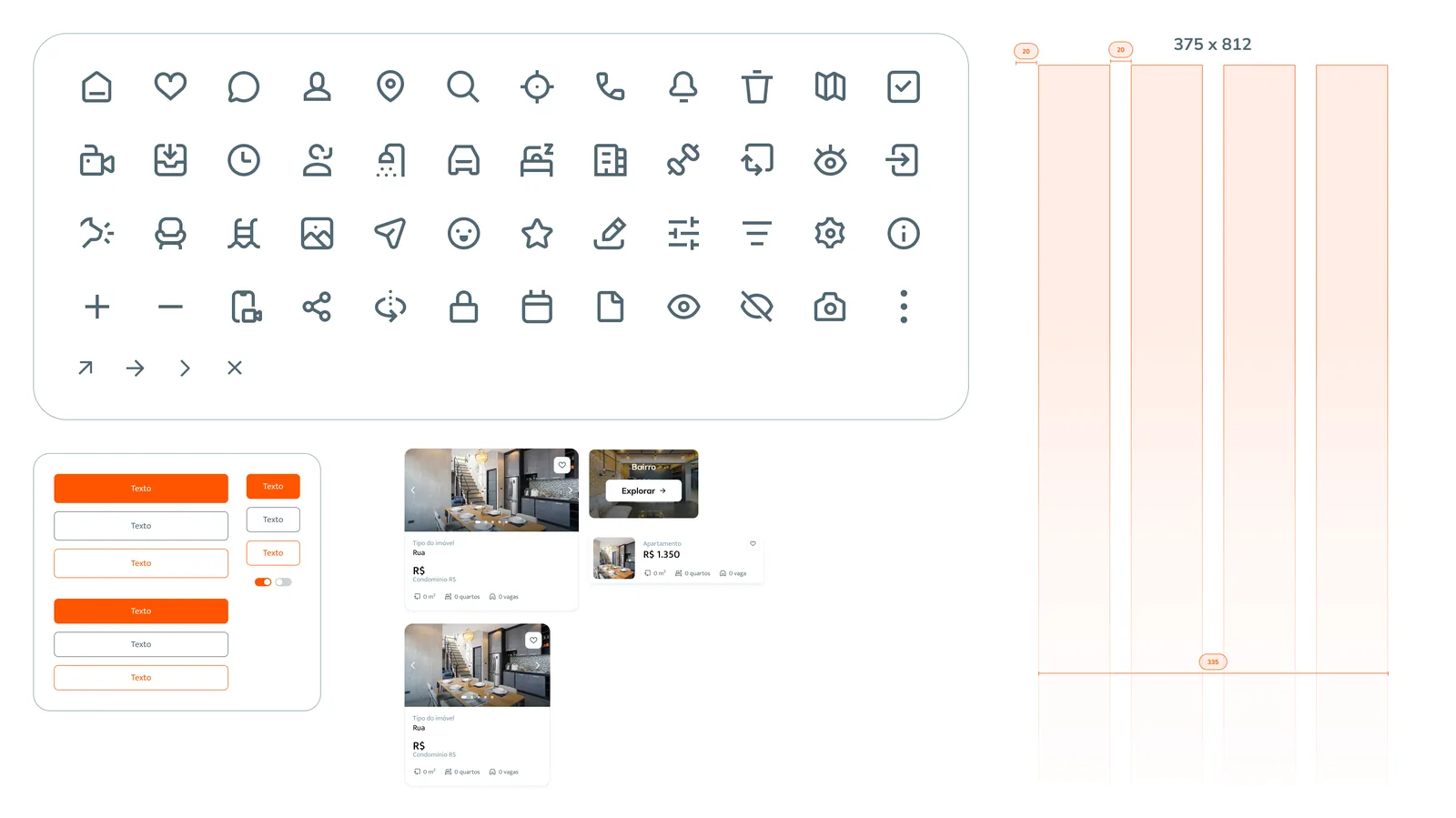 Painel do design system do Homekey com a biblioteca de ícones, botões, toggles, cards de imóvel e a grade de layout