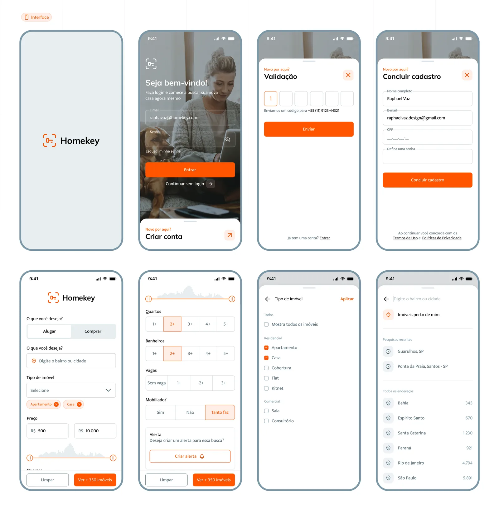 Painel com as telas de onboarding, login e cadastro do Homekey