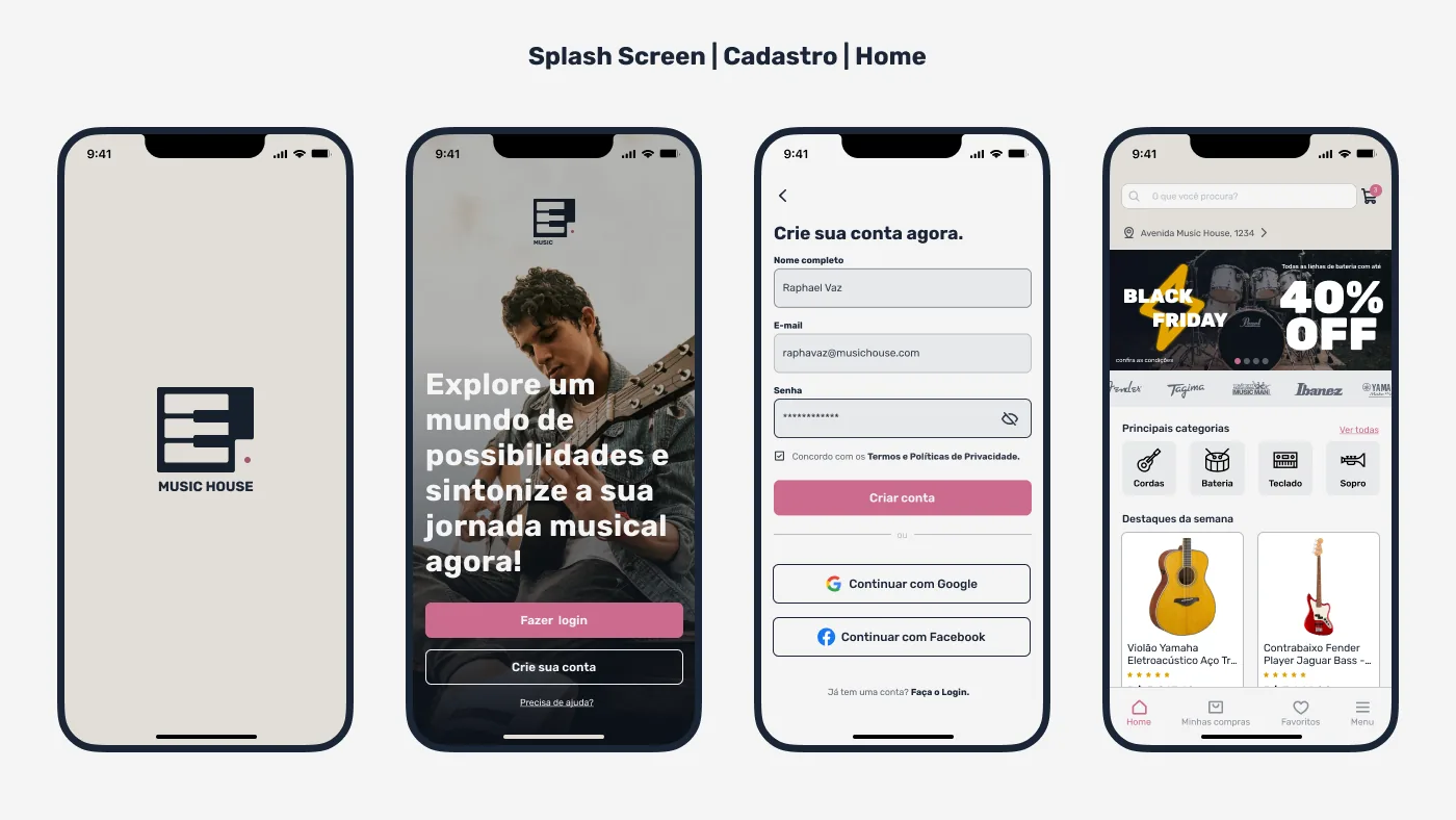 Painel com as telas de splash, cadastro e home do Music House
