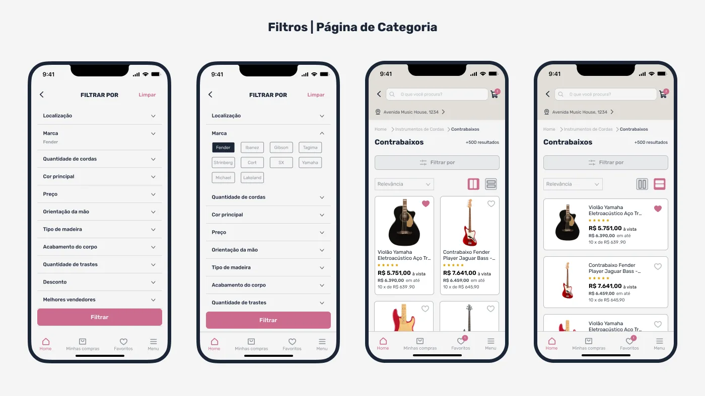 Painel com as telas de filtros e página de categoria do Music House