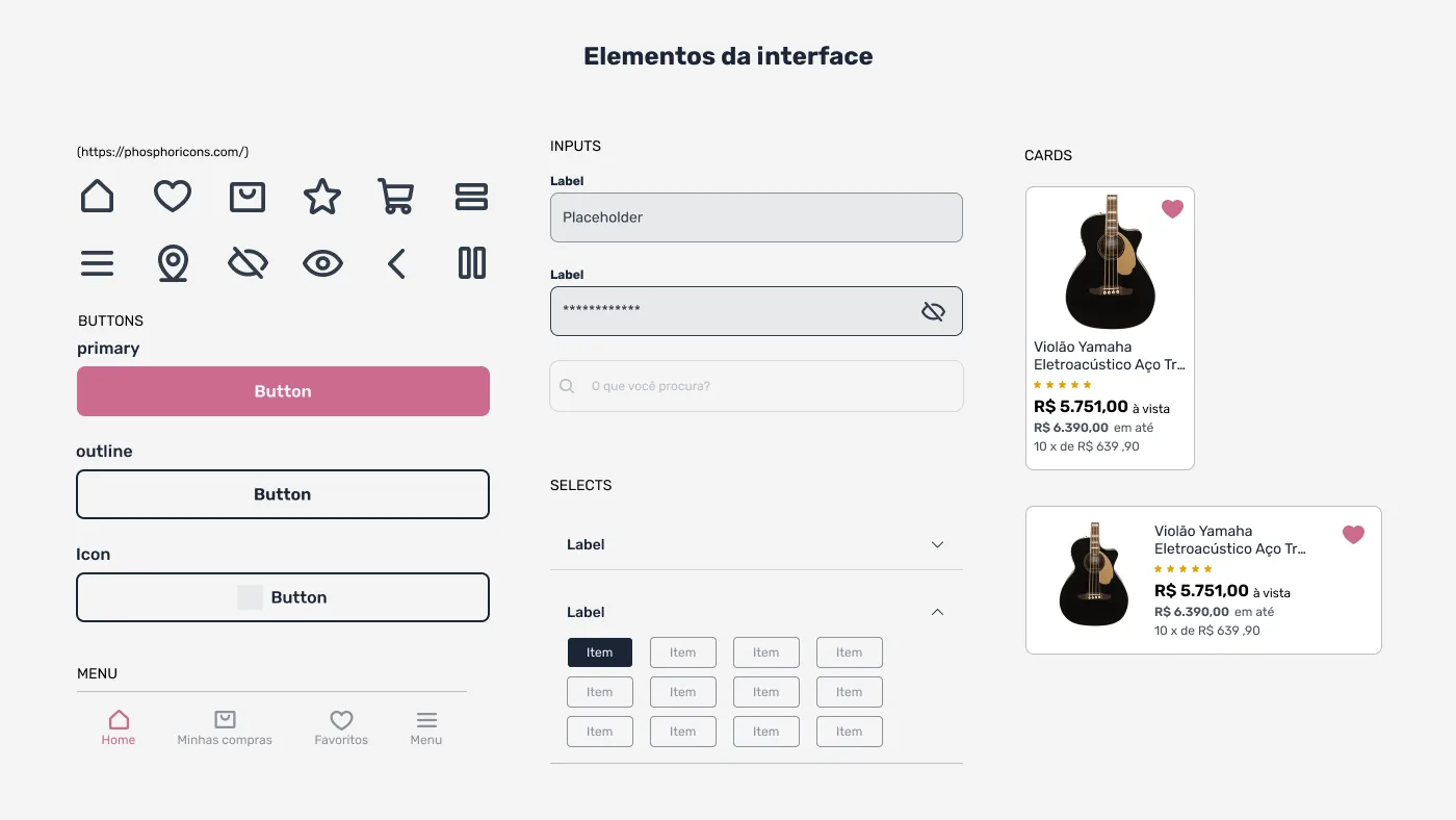 Elementos de interface do Music House: inputs, botões, selects, cards de produto e menu
